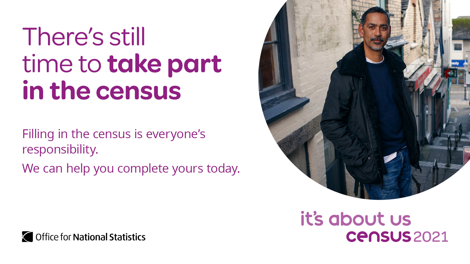 Poster saying there's still time to take part in the census, with image of gent on town steps.